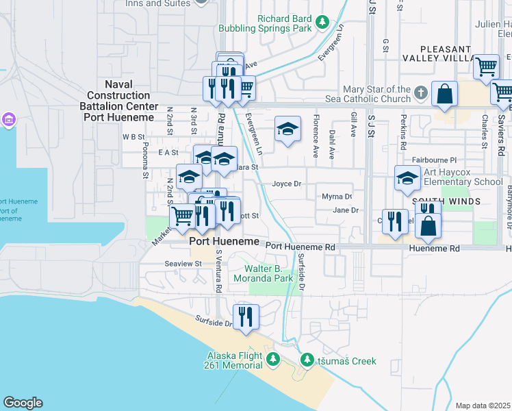 map of restaurants, bars, coffee shops, grocery stores, and more near 231 Willowbrook Street in Port Hueneme