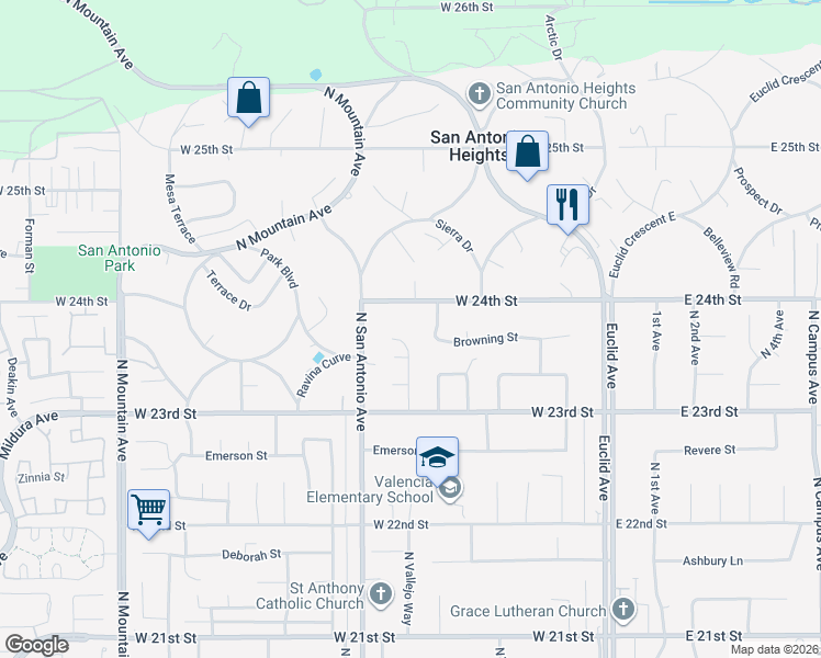 map of restaurants, bars, coffee shops, grocery stores, and more near 2368 North Vallejo Way in Upland