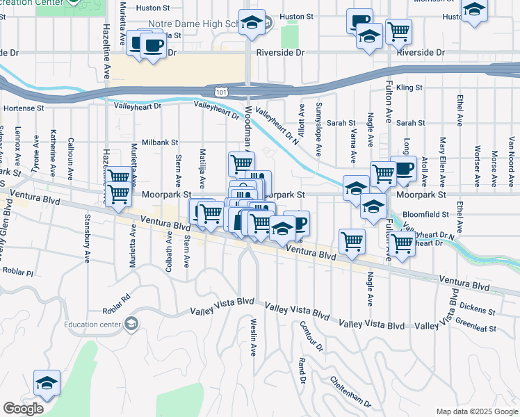 map of restaurants, bars, coffee shops, grocery stores, and more near 4330 Woodman Avenue in Los Angeles