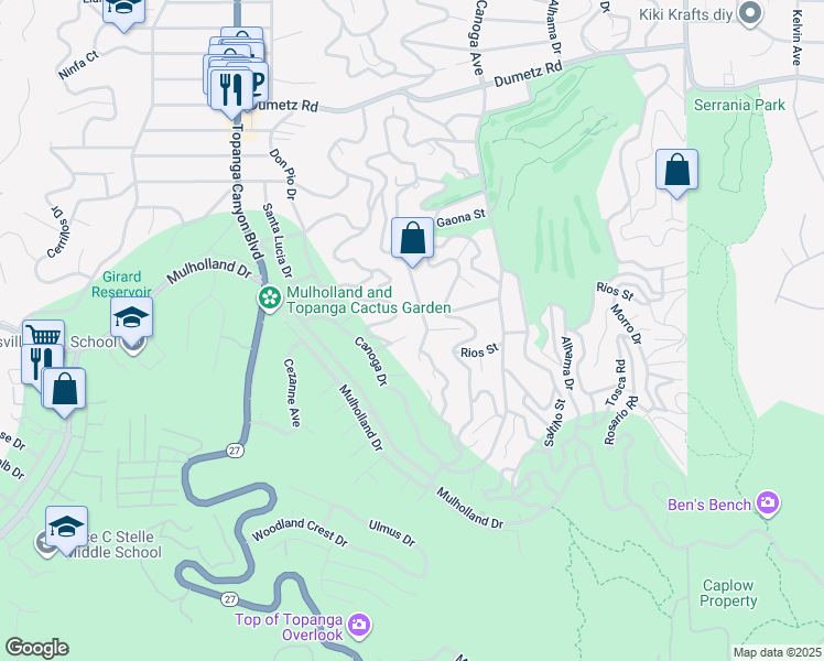 map of restaurants, bars, coffee shops, grocery stores, and more near 4300 Pampas Road in Los Angeles
