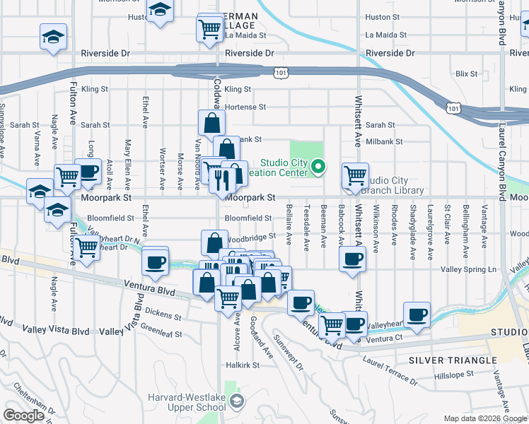 map of restaurants, bars, coffee shops, grocery stores, and more near 12745 Bloomfield Street in Los Angeles