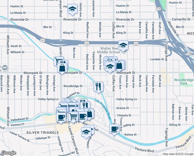 map of restaurants, bars, coffee shops, grocery stores, and more near 11818 Moorpark Street in Los Angeles