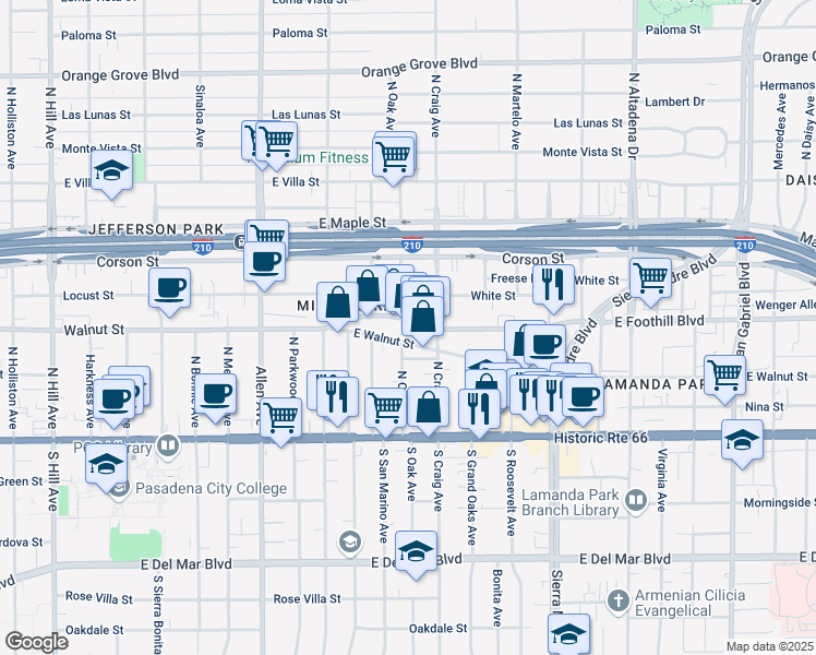 map of restaurants, bars, coffee shops, grocery stores, and more near 2104 East Walnut Street in Pasadena