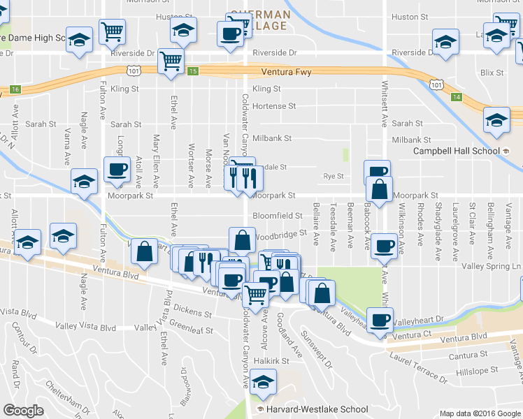 map of restaurants, bars, coffee shops, grocery stores, and more near in Los Angeles