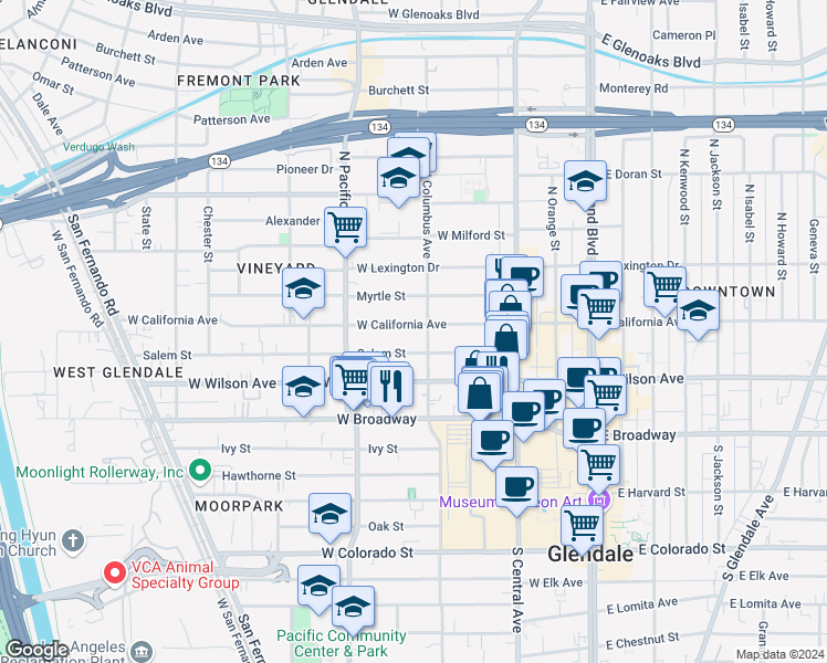 map of restaurants, bars, coffee shops, grocery stores, and more near 400 West California Avenue in Glendale