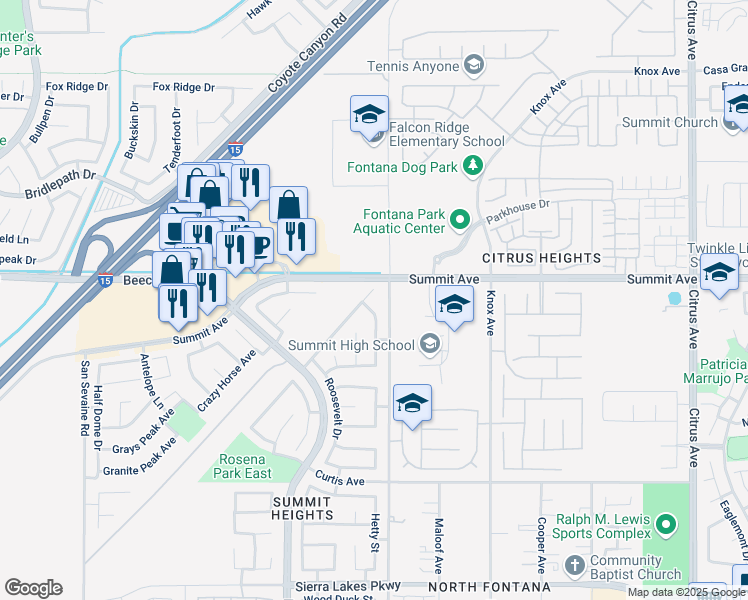 map of restaurants, bars, coffee shops, grocery stores, and more near 5771 Madison Lane in Fontana