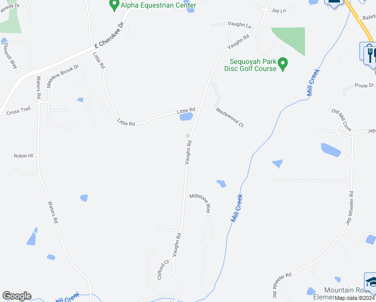 map of restaurants, bars, coffee shops, grocery stores, and more near Vaughn Road in Woodstock