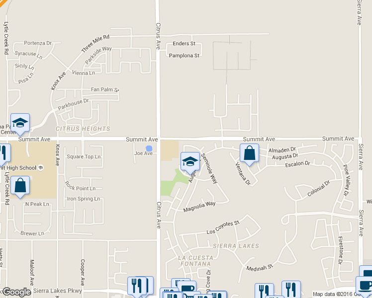 map of restaurants, bars, coffee shops, grocery stores, and more near 16209 Seminole Way in Fontana