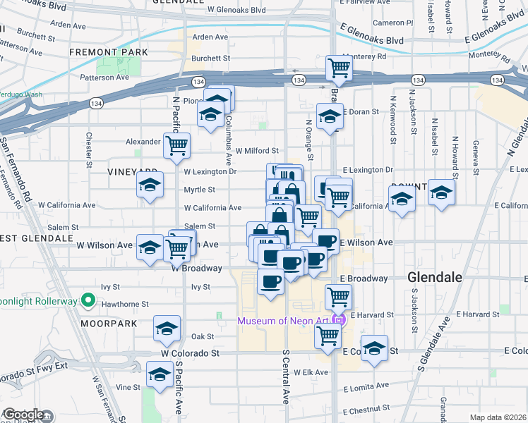 map of restaurants, bars, coffee shops, grocery stores, and more near 345 Salem Street in Glendale