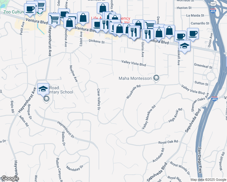 map of restaurants, bars, coffee shops, grocery stores, and more near 16110 Meadowview Drive in Los Angeles