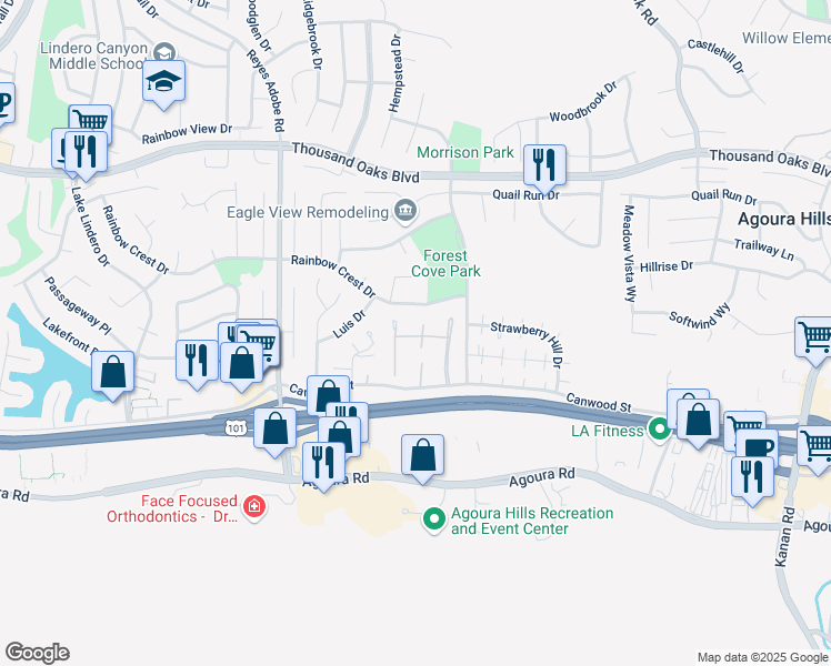 map of restaurants, bars, coffee shops, grocery stores, and more near 5403 Isabella Court in Agoura Hills