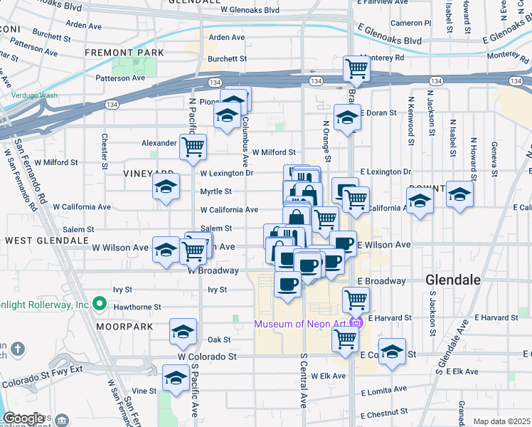 map of restaurants, bars, coffee shops, grocery stores, and more near 356 West California Avenue in Glendale