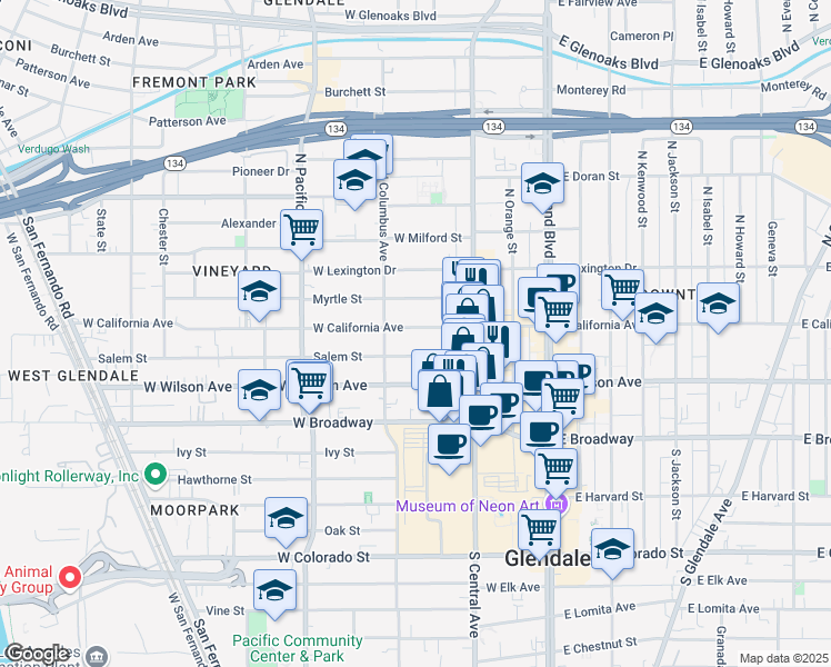 map of restaurants, bars, coffee shops, grocery stores, and more near 356 West California Avenue in Glendale