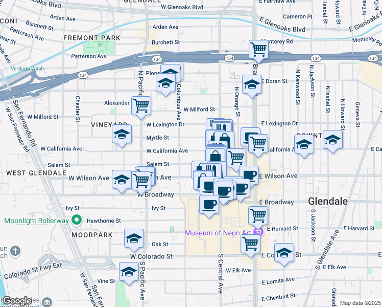 map of restaurants, bars, coffee shops, grocery stores, and more near 356 West California Avenue in Glendale