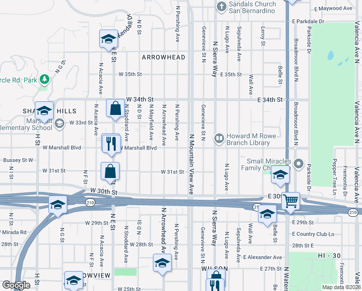 map of restaurants, bars, coffee shops, grocery stores, and more near 3179 North Pershing Avenue in San Bernardino