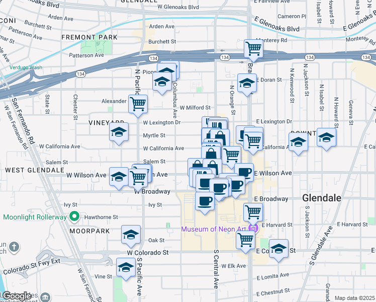 map of restaurants, bars, coffee shops, grocery stores, and more near 356 West California Avenue in Glendale