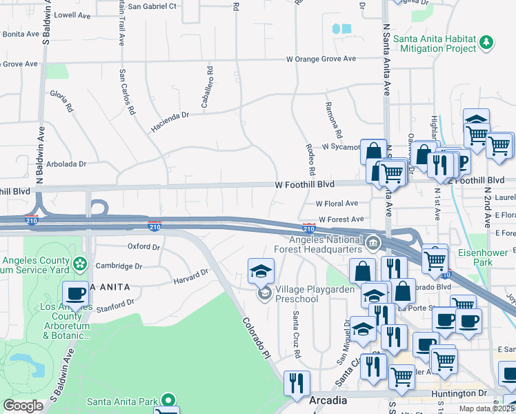 map of restaurants, bars, coffee shops, grocery stores, and more near 1024 Cyrus Lane in Arcadia