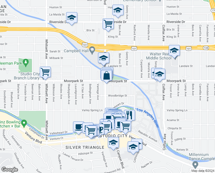 map of restaurants, bars, coffee shops, grocery stores, and more near 4336 Laurel Canyon Boulevard in Los Angeles