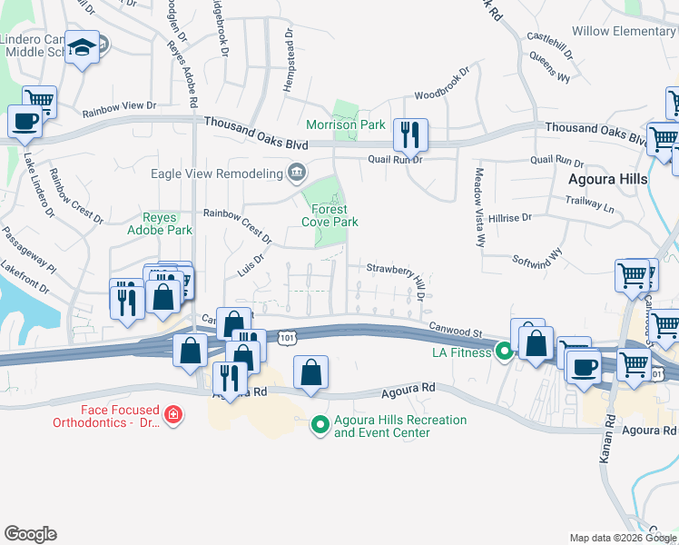 map of restaurants, bars, coffee shops, grocery stores, and more near 5334 Francisca Way in Agoura Hills