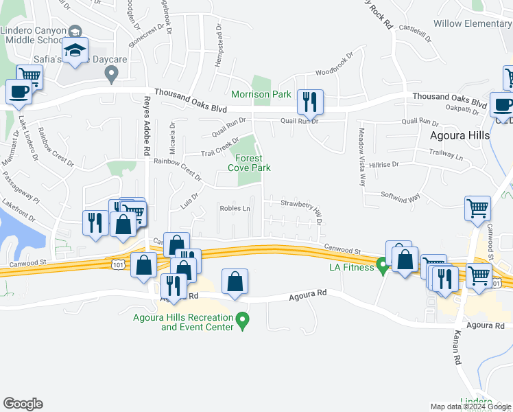 map of restaurants, bars, coffee shops, grocery stores, and more near 5334 Francisca Way in Agoura Hills