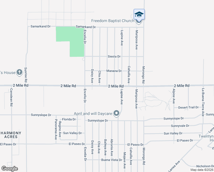 map of restaurants, bars, coffee shops, grocery stores, and more near Baileya Avenue in Twentynine Palms
