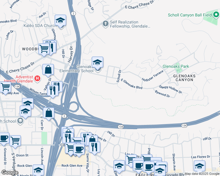 map of restaurants, bars, coffee shops, grocery stores, and more near 2124 Glen Ivy Drive in Glendale