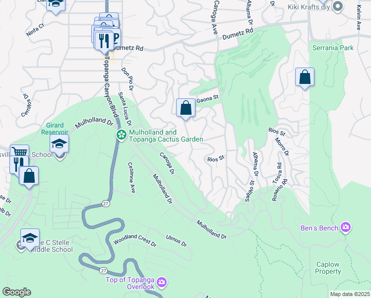 map of restaurants, bars, coffee shops, grocery stores, and more near 4300 Pampas Road in Los Angeles