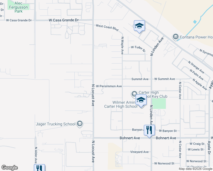 map of restaurants, bars, coffee shops, grocery stores, and more near 2703 North Locust Avenue in Rialto