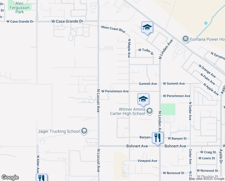map of restaurants, bars, coffee shops, grocery stores, and more near West Persimmon Avenue in Rialto