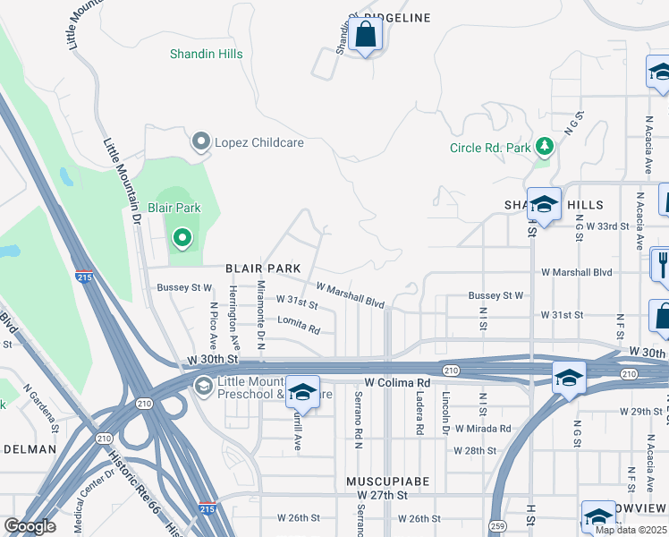 map of restaurants, bars, coffee shops, grocery stores, and more near Grande Vista Avenue in San Bernardino