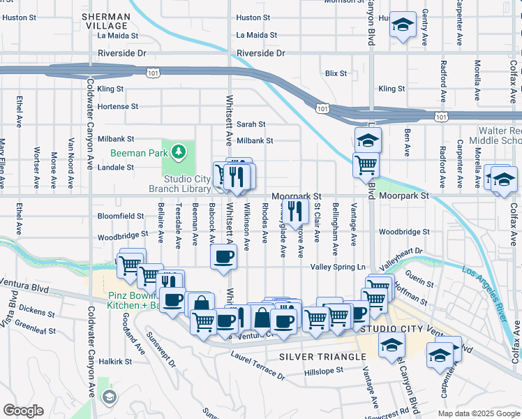 map of restaurants, bars, coffee shops, grocery stores, and more near 4337 Rhodes Avenue in Los Angeles