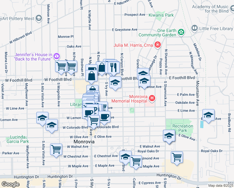 map of restaurants, bars, coffee shops, grocery stores, and more near 226 South Ivy Avenue in Monrovia