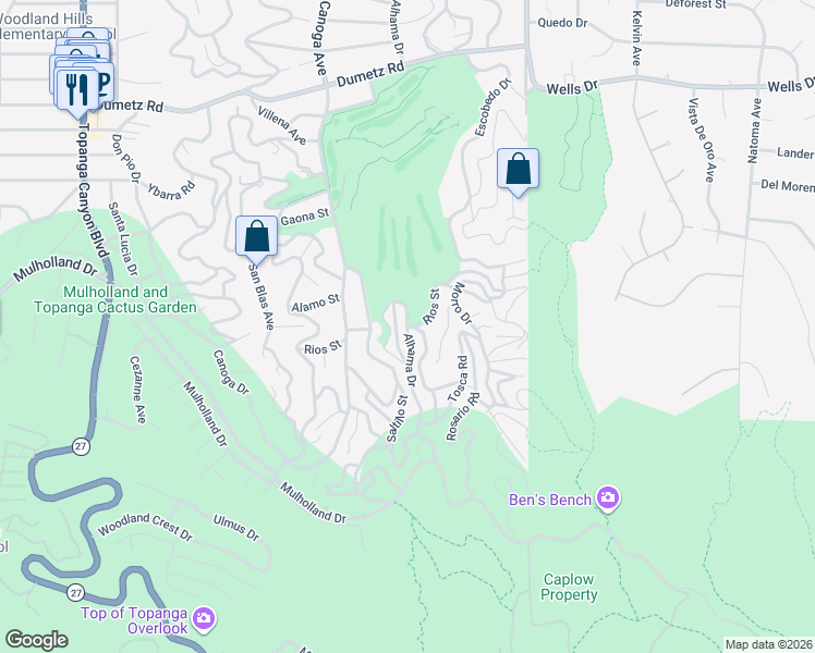 map of restaurants, bars, coffee shops, grocery stores, and more near 4320 Alhama Drive in Los Angeles
