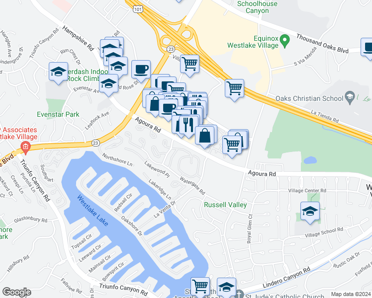 map of restaurants, bars, coffee shops, grocery stores, and more near 2854 Instone Court in Westlake Village