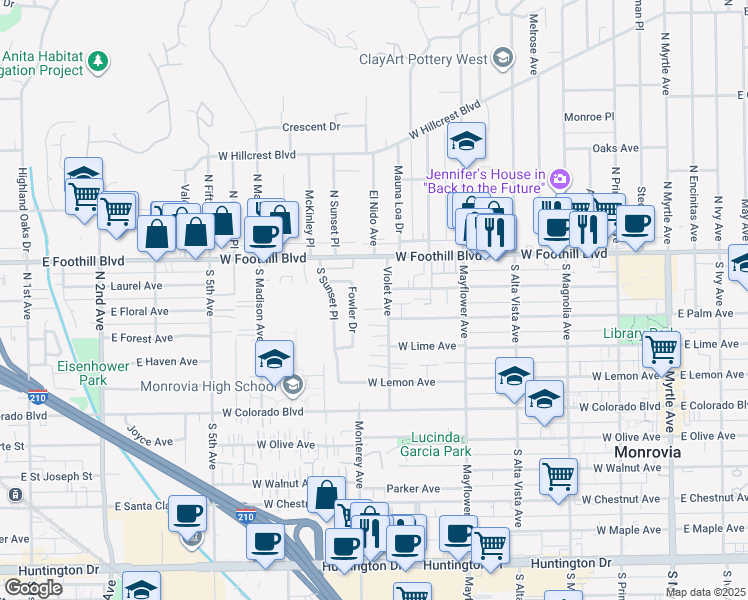 map of restaurants, bars, coffee shops, grocery stores, and more near 209 Violet Avenue in Monrovia