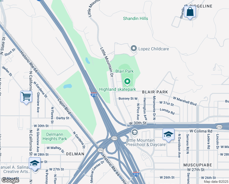 map of restaurants, bars, coffee shops, grocery stores, and more near Little Mountain Drive & West Marshall Boulevard in San Bernardino