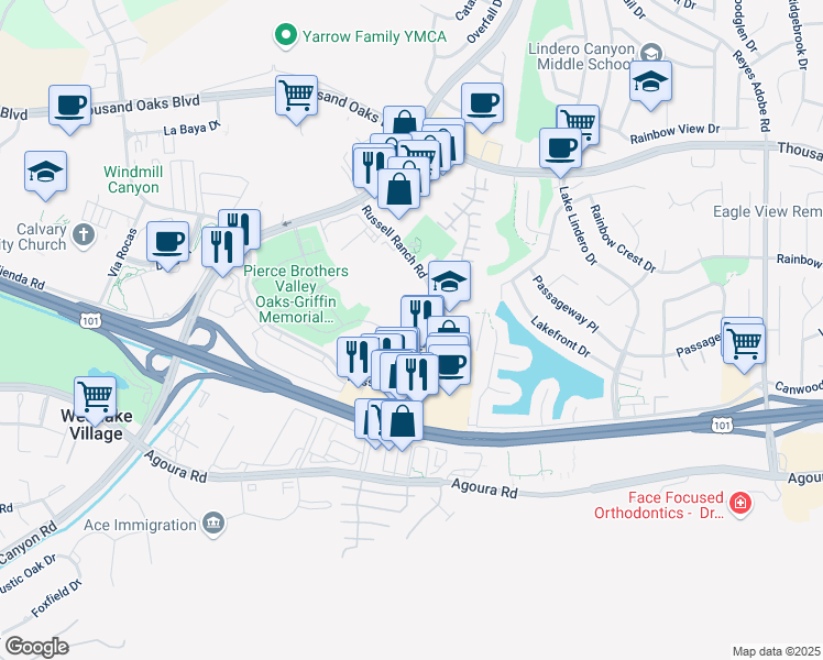 map of restaurants, bars, coffee shops, grocery stores, and more near 30721 Russell Ranch Road in Westlake Village