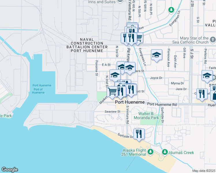 map of restaurants, bars, coffee shops, grocery stores, and more near 228 North 2nd Street in Port Hueneme