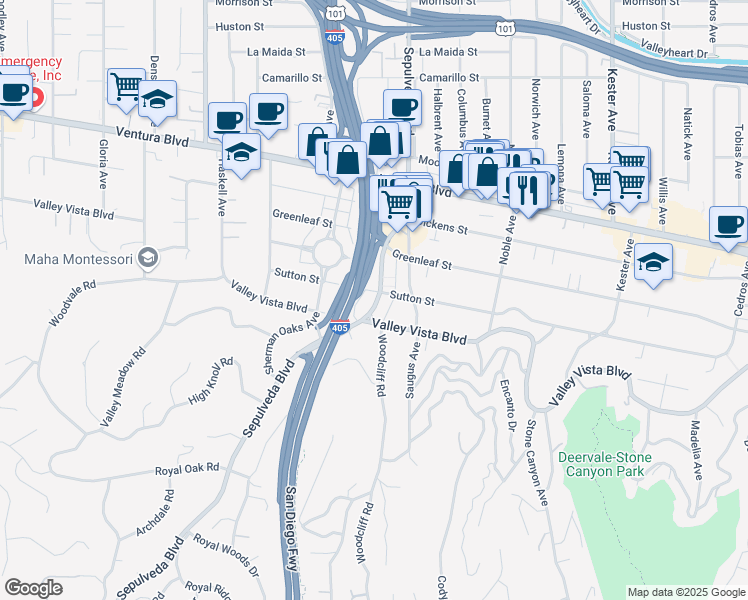 map of restaurants, bars, coffee shops, grocery stores, and more near 4383 Sepulveda Boulevard in Los Angeles
