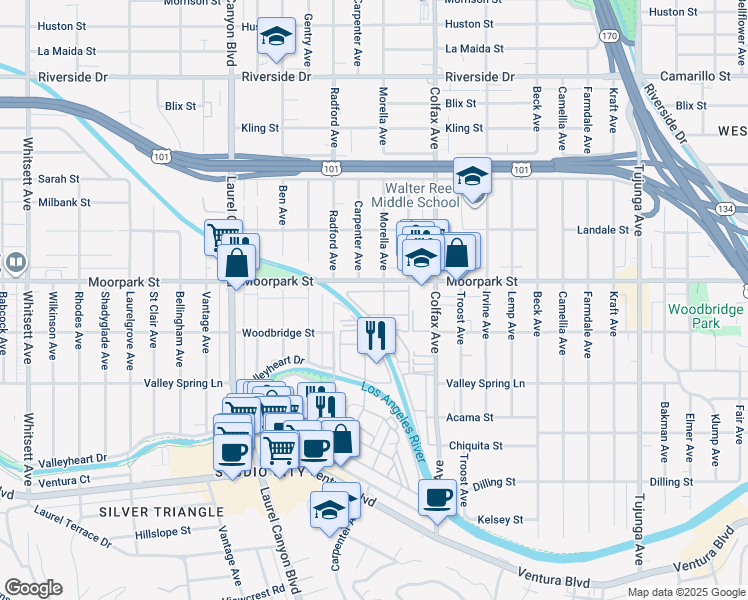 map of restaurants, bars, coffee shops, grocery stores, and more near 11818 Moorpark Street in Los Angeles