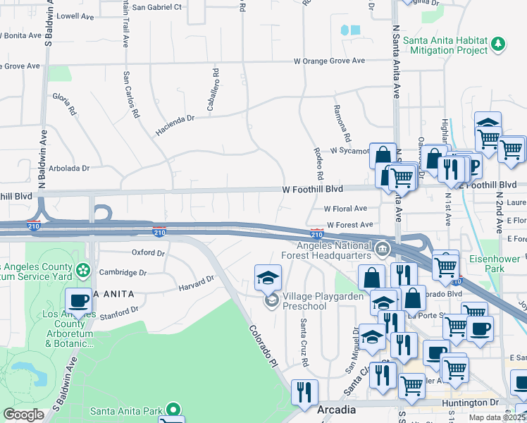 map of restaurants, bars, coffee shops, grocery stores, and more near 1024 Cyrus Lane in Arcadia