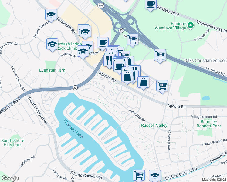 map of restaurants, bars, coffee shops, grocery stores, and more near 1146 Stonewall Circle in Westlake Village