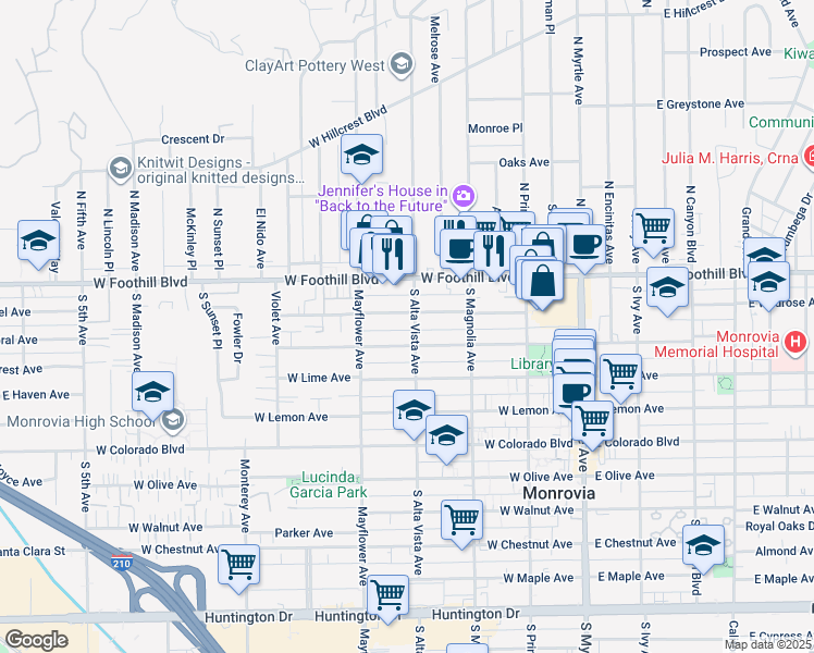 map of restaurants, bars, coffee shops, grocery stores, and more near 412 West Palm Avenue in Monrovia