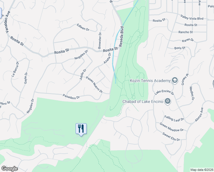 map of restaurants, bars, coffee shops, grocery stores, and more near 18611 Rocoso Place in Los Angeles