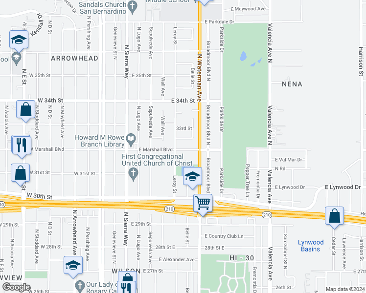 map of restaurants, bars, coffee shops, grocery stores, and more near 252 East Marshall Boulevard in San Bernardino