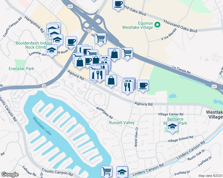 map of restaurants, bars, coffee shops, grocery stores, and more near 2956 Shadow Brook Lane in Westlake Village