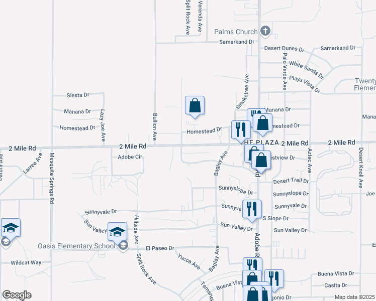 map of restaurants, bars, coffee shops, grocery stores, and more near 73456 Desert Trail Drive in Twentynine Palms