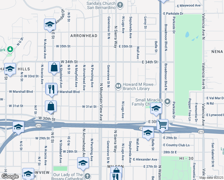map of restaurants, bars, coffee shops, grocery stores, and more near 3171 North Sierra Way in San Bernardino