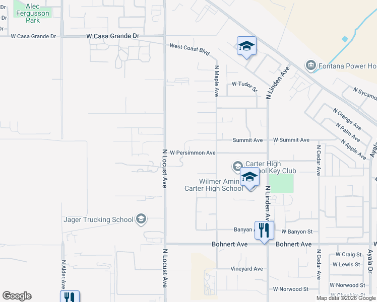 map of restaurants, bars, coffee shops, grocery stores, and more near 2703 North Locust Avenue in Rialto