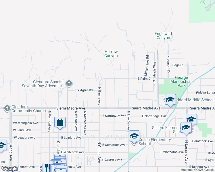 map of restaurants, bars, coffee shops, grocery stores, and more near 531 Sierra Madre Avenue in Glendora